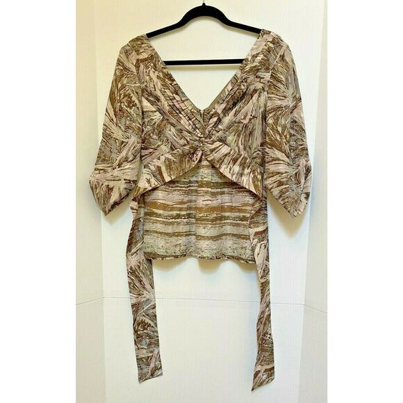 BCBG MaxAzria Silk Top Tan Prairie Tieback Print S - Picture 1 of 7